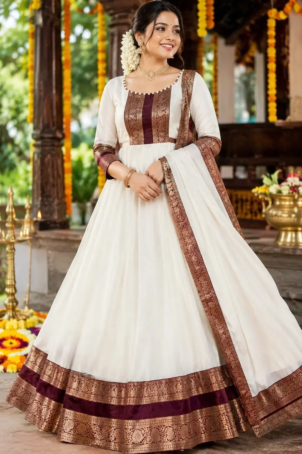 Off-White Royal Elegance Full-Stitched Anarkali Onam Style Gown
